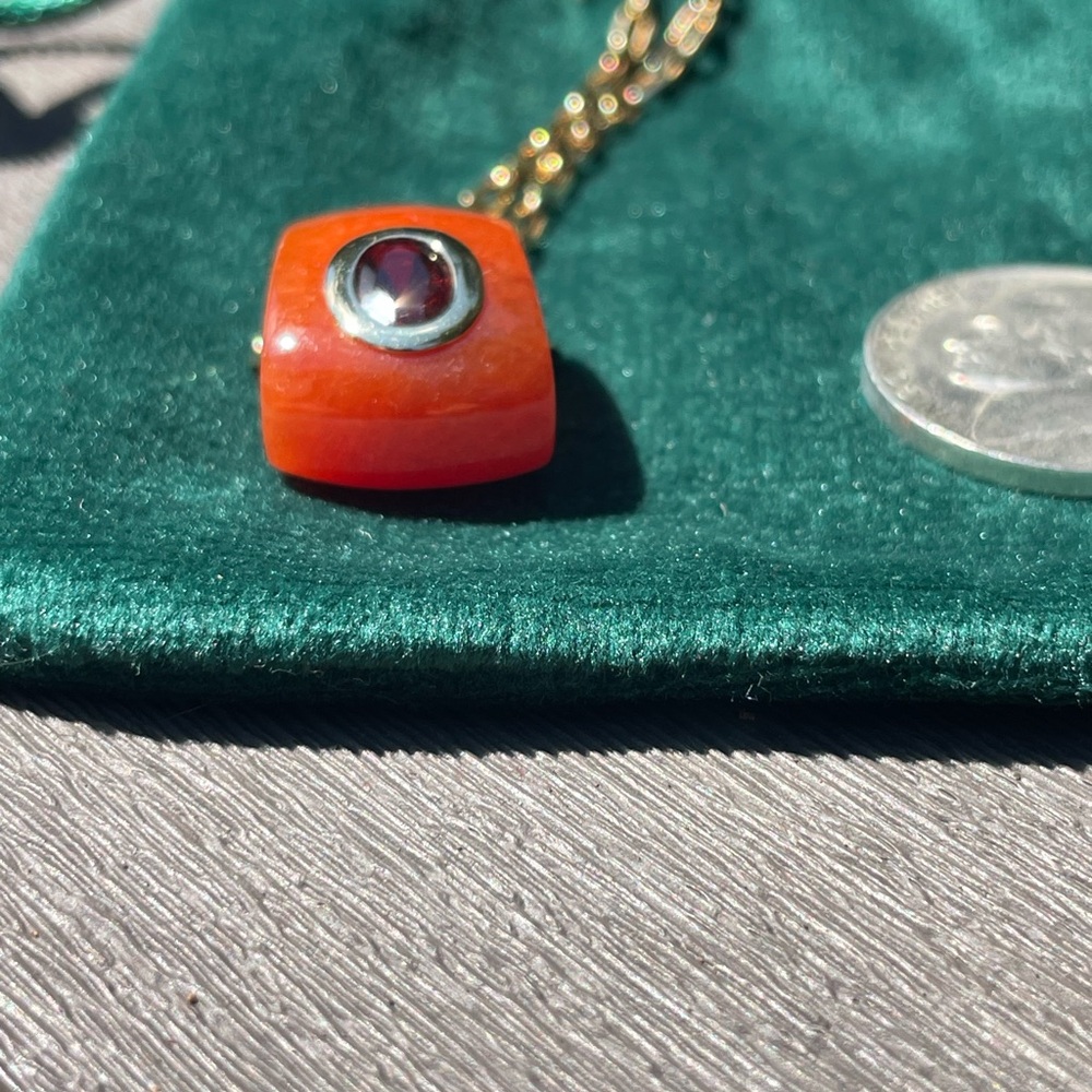 Vintage Genuine Orange Carnelian and Red Garnet 14k gold Pendant - beautiful! - Picture 9 of 16